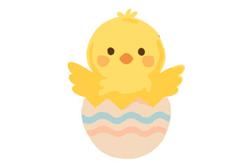 Adorable yellow baby chick hatching from a colorful decorated Easter eggshell on white background