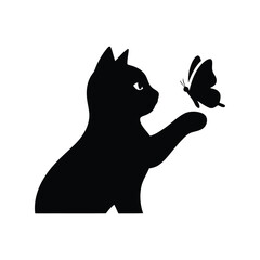 Black cat silhouette playing with butterfly playful pet insect interaction isolated on white background