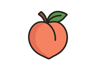 Minimalist ripe peach fruit with stem and green leaf on white background