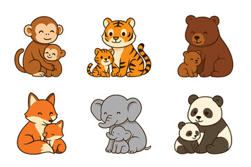 Adorable cartoon wild animal families set featuring mothers and their babies together