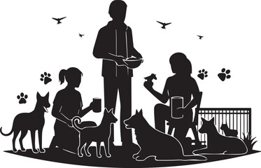International volunteer day celebrating animal care family and dogs outdoors with paw prints and birds