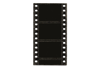 Vertical strip of black 35mm photographic film with blank frames and sprocket holes isolated on white