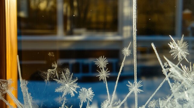 Ice crystals form beautiful patterns on a window pane enhancing the view of blurred garlands and winter scenery outside during the chilly morning light