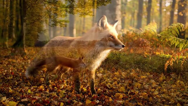 Dynamic tracking shot of a fox gracefully moving through tall, golden grass in an expansive autumn meadow, capturing the essence of wild freedom. Tracking shot, low angle