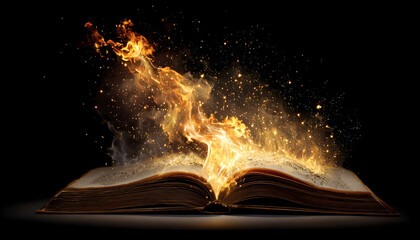 An open book with flames burning from the pages