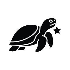 Black silhouette sea turtle swimming with star marine life illustration isolated on white background