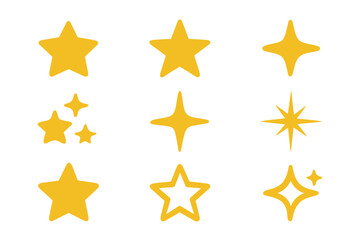 A variety of yellow gold star shapes and sparkling light effects for design elements