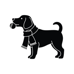 Black dog wearing scarf holding ball silhouette pet winter isolated on white background
