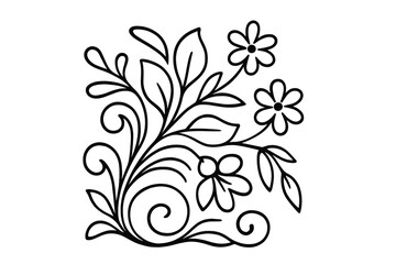 Elegant floral corner ornament with swirling leaves and simple outline flowers