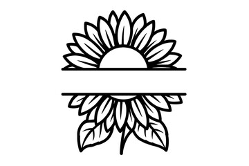Black outline sunflower split monogram frame for custom text or initial placement