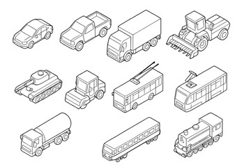 Black and white isometric line drawings of diverse transport and construction vehicles