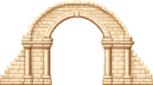 Pixelated stone archway with classical columns and weathered texture pixel art ancient architecture