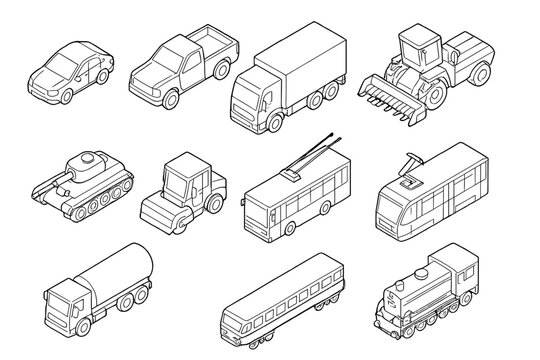 Black and white isometric line drawings of diverse transport and construction vehicles