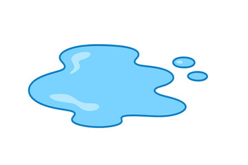 Blue water puddle spill on the floor with small drops isolated on white