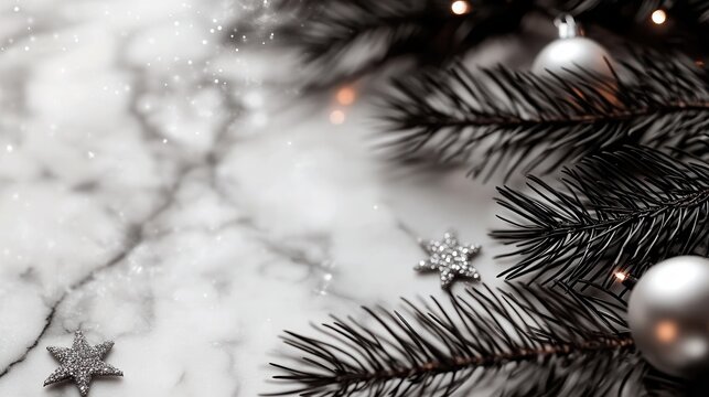Decorative frame adorned with white and silver ornaments showcasing pine branches on a marble surface during the winter season