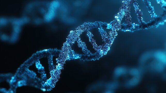 DNA double helix structure visualization, fluorescently labeled gene fragments, dark blue scientific background, high-precision molecular biology schematic --v 7.0 --style raw --ar 16:9 - Powered by Adobe