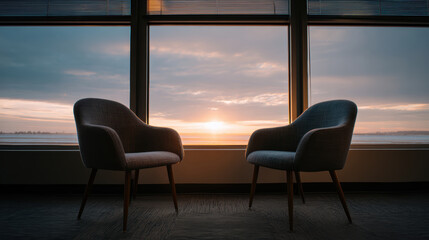 Two empty chairs in a therapy room with large window showing a hopeful sunrise, symbolizing a new beginning and the start of a healing journey, for inspirational and motivational mental health content