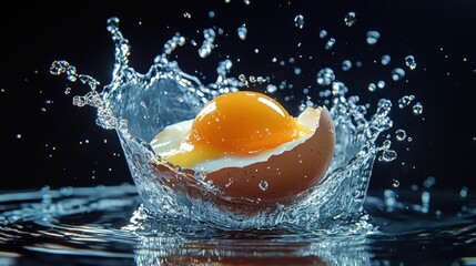 Fresh Egg Splashing in Water with Bright Yellow Yolk and White