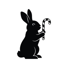 Black rabbit silhouette holding candy cane festive holiday illustration isolated on white background