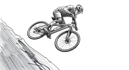 Intense mountain biker tackling steep downhill slope with skill and precision in black and white