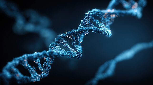 DNA double helix structure visualization, fluorescently labeled gene fragments, dark blue scientific background, high-precision molecular biology schematic --v 7.0 --style raw --ar 16:9