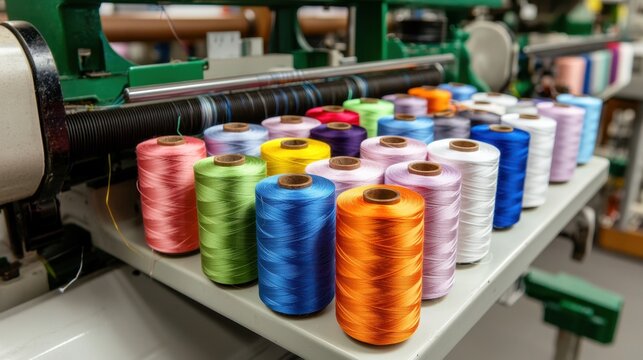 Colorful Spools of Thread Arranged Neatly on Sewing Machine Table - Powered by Adobe