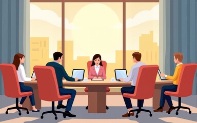 Business meeting room, company boardroom interiour cartoon vector with comfortable armchairs, laptops and coffee cups on long table illustration. Morning meeting, early briefing or informal event in
