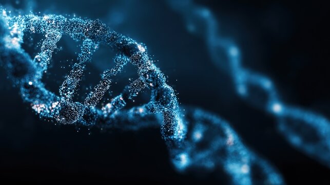 DNA double helix structure visualization, fluorescently labeled gene fragments, dark blue scientific background, high-precision molecular biology schematic --v 7.0 --style raw --ar 16:9