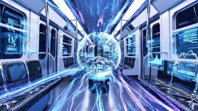 Futuristic subway interior with data streams and a digital sphere amidst seating and windows