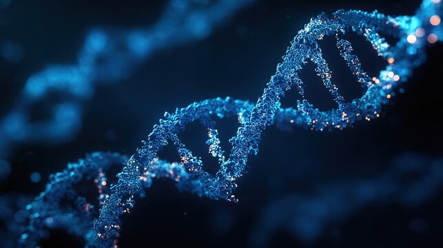 DNA double helix structure visualization, fluorescently labeled gene fragments, dark blue scientific background, high-precision molecular biology schematic --v 7.0 --style raw --ar 16:9 - Powered by Adobe