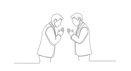 Continuous line drawing of two businessmen greeting each other business etiquette modern outline