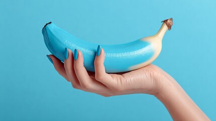 Hand holding a vibrant blue banana against a solid blue background, showcasing a unique and playful fruit concept, emphasizing creativity and visual appeal in food photography