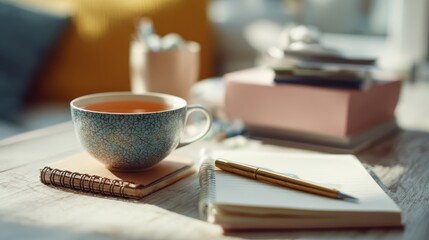 Psychologist organized desk with notepad pen and comforting cup of tea with psychologist blurred in background, ideal for blog posts and articles about the profession concept.