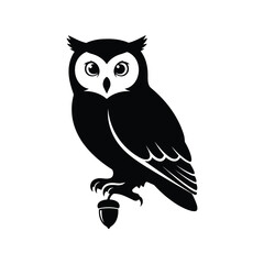 Black owl silhouette holding acorn wisdom symbol vector illustration isolated on white background