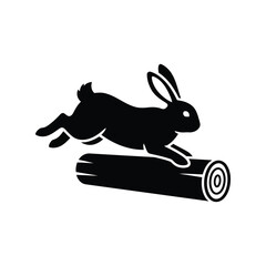 Black rabbit jumping over log vector illustration woodland creature forest animal isolated on white background