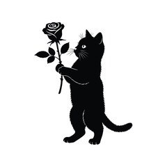 Black cat silhouette holding rose flower cute animal illustration isolated on white background