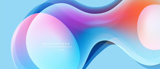 Abstract fluid shapes blend, creating vibrant blue, pink, orange gradients. Modern design suggests movement, energy, smooth transitions.
