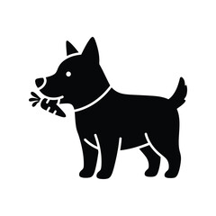 Black dog silhouette with carrot in mouth playful pet cute animal graphic isolated on white background