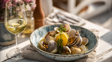 A dish of clams with lemon and herbs next to a glass of white wine outside