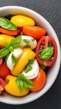 Vibrant salad with red orange tomatoes yellow mini peppers fresh mozzarella and green basil in a white bowl