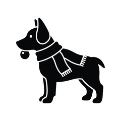 Black dog silhouette wearing scarf holding ball festive pet illustration isolated on white background