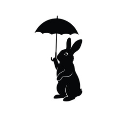 Black silhouette rabbit holding umbrella cute animal weather protection isolated on white background