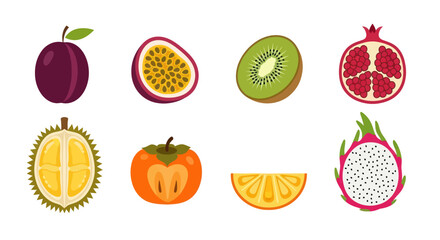 Assortment of exotic fruits sliced and whole with vibrant colors