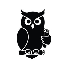 Black silhouette owl holding diploma on branch wisdom symbol education concept isolated on white background