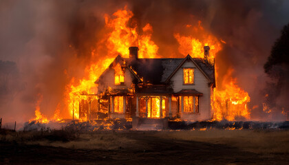 A house engulfed in flames. Suitable for illustrating fire emergencies