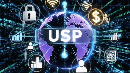 Digital Illustration Of Globe With Financial Icons And USP Text Against Blue Background - Powered by Adobe