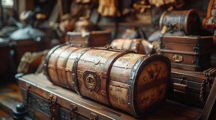 Pirate themed party card with treasure chests pirate hats and a ship deck filled with merriment and music