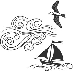 Blue vector illustration of a sailboat on the ocean wave pattern, perfect summer travel design icon
