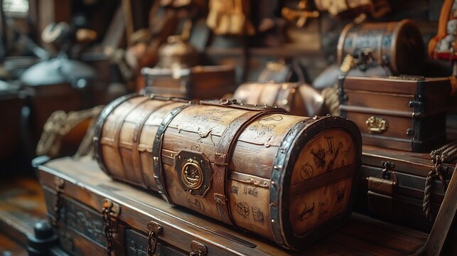 Pirate themed party card with treasure chests pirate hats and a ship deck filled with merriment and music