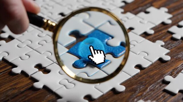 Magnifying glass over a blue puzzle piece, with a cursor, symbolizing strategic problem-solving, focused search, finding the right piece, and discovering the key solution